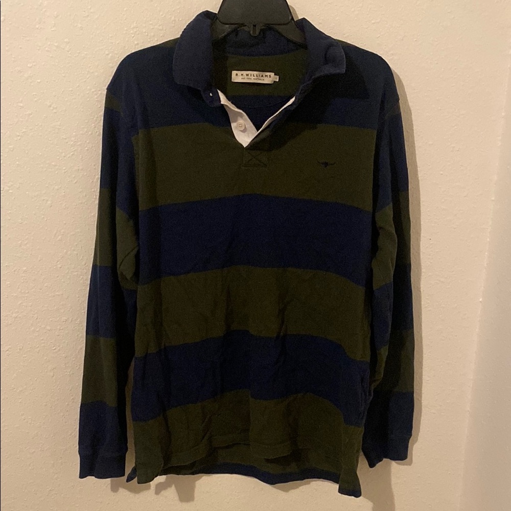 R.M. Williams Dark Blue and Olive Striped Rugby Shirt